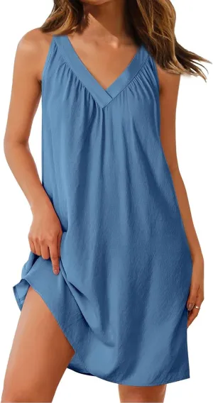Cotton Nightgowns for Women Sleeveless Soft Lightweight Sleep Dress Summer Comfy Pleated V Neck Night Dress