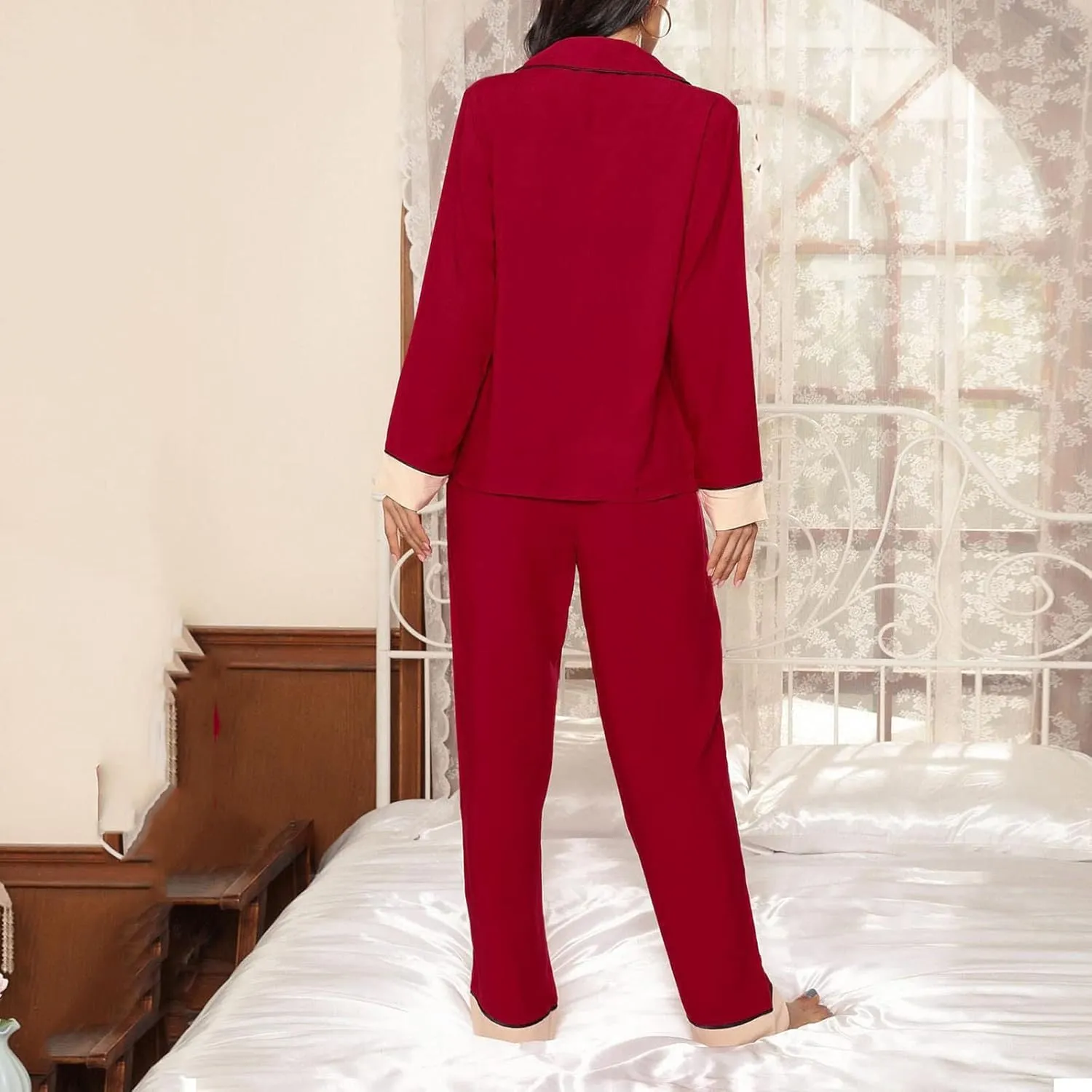 Cotton Pajamas Set Women's Long Sleeve Sleepwear Kimono Robe and Plaid Pants Suit Nightwear Soft Pj Lounge Sets