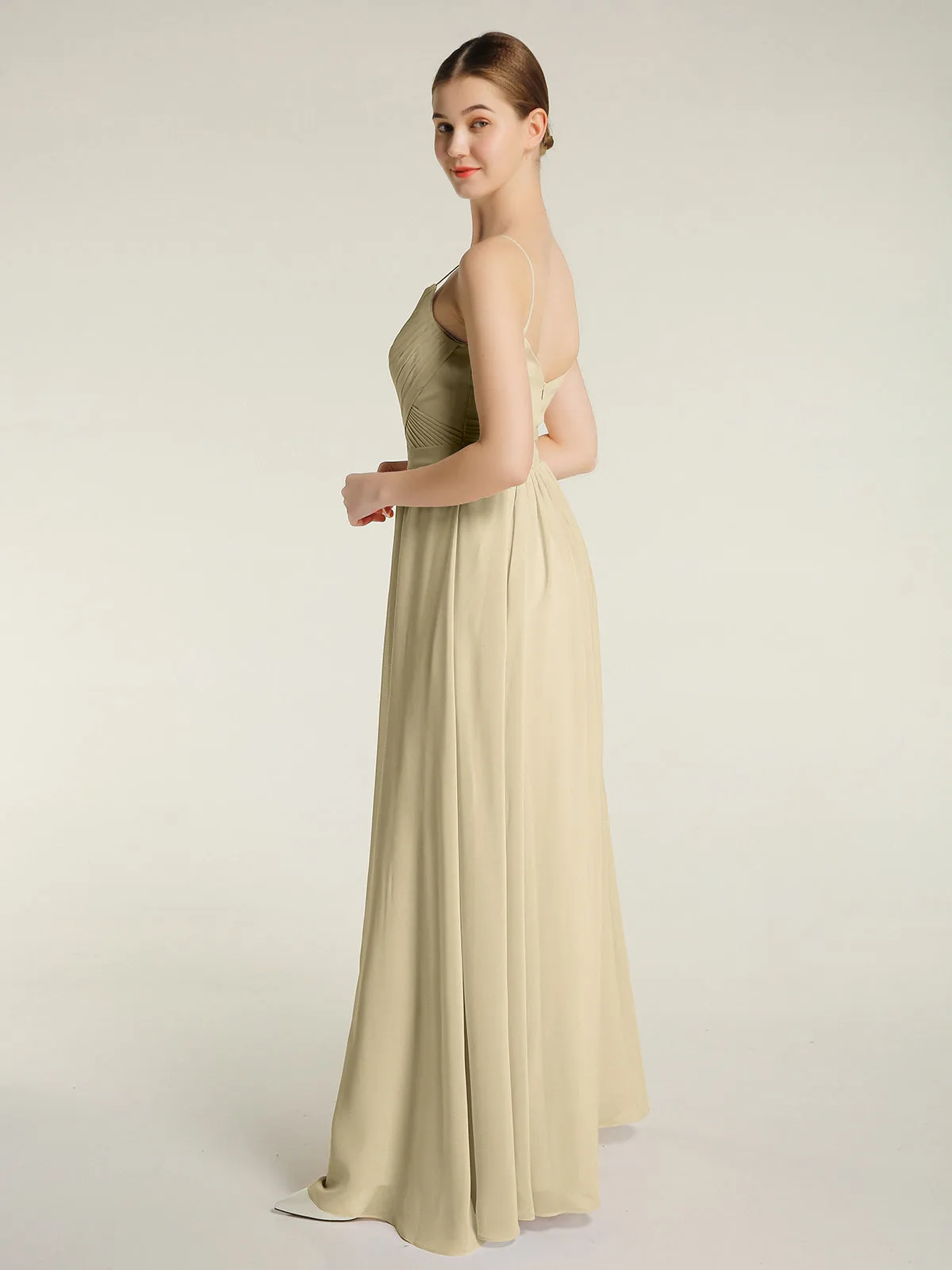 Cross Pleated Bodice Spaghetti Strap Dresses Champagne Plus Size