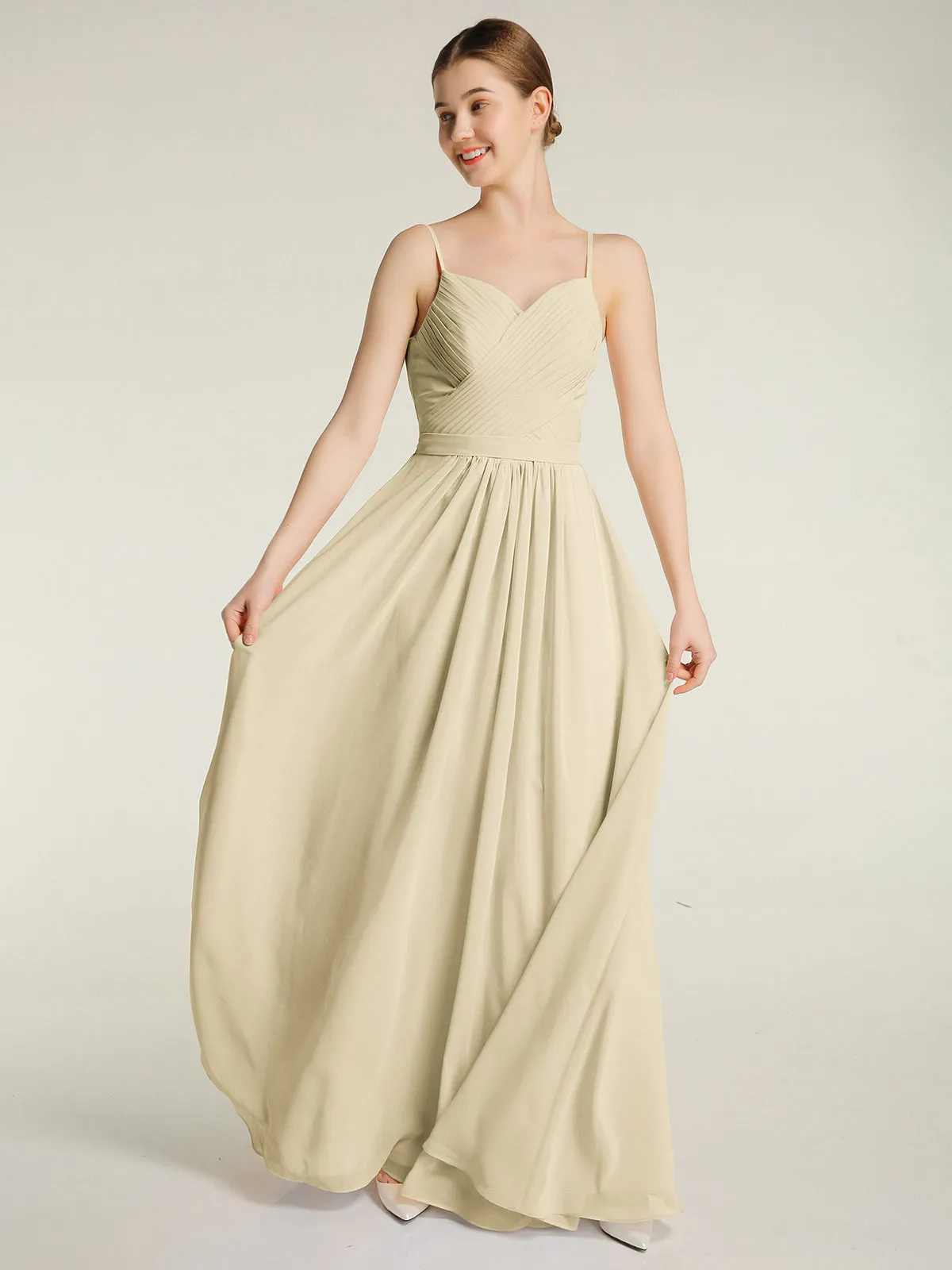 Cross Pleated Bodice Spaghetti Strap Dresses Champagne Plus Size
