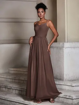 Cross Pleated Bodice Spaghetti Strap Dresses Chocolate