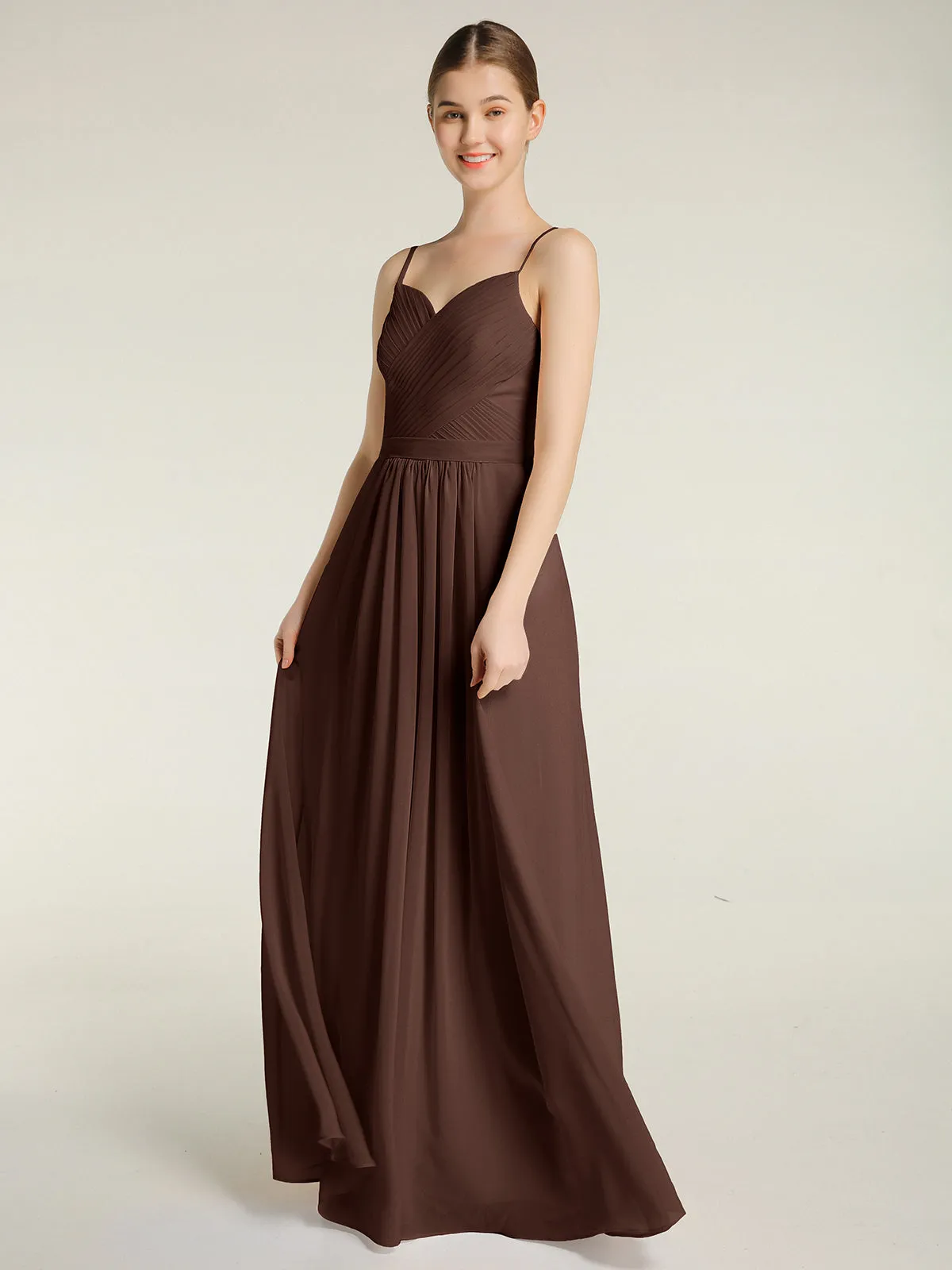Cross Pleated Bodice Spaghetti Strap Dresses Chocolate