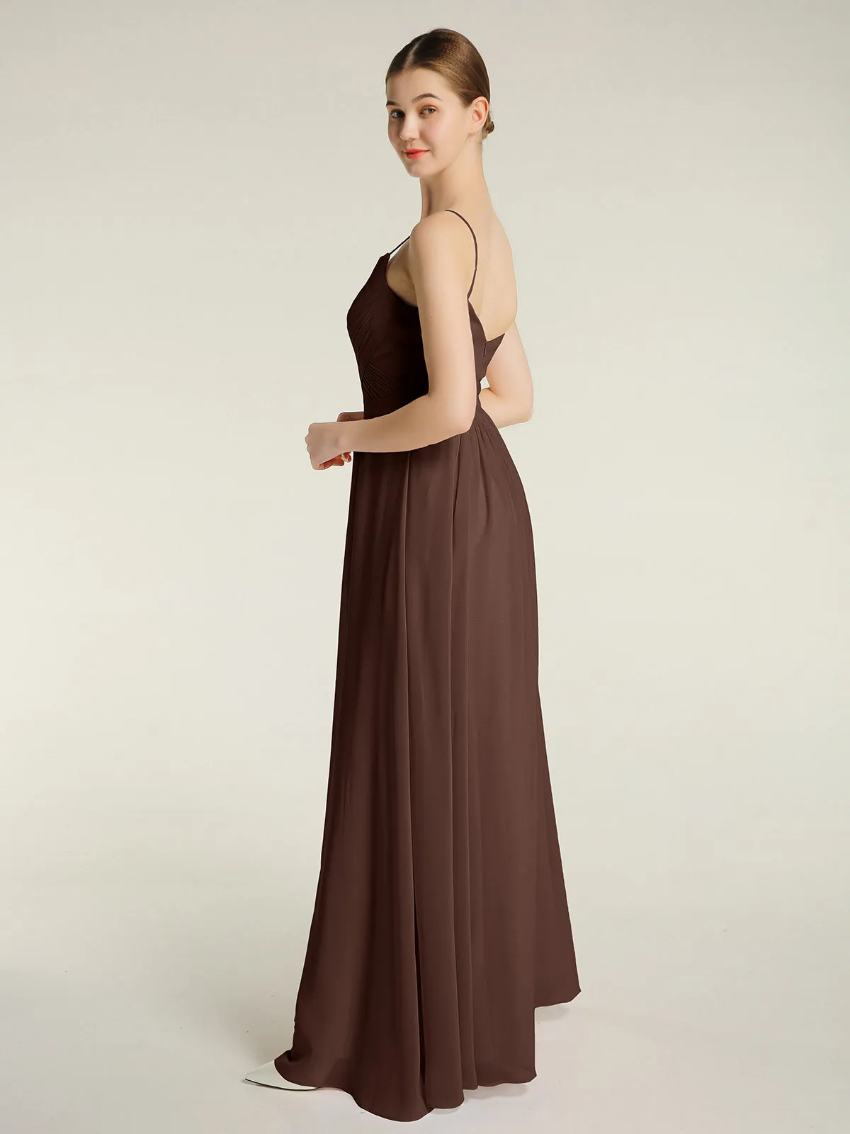 Cross Pleated Bodice Spaghetti Strap Dresses Chocolate