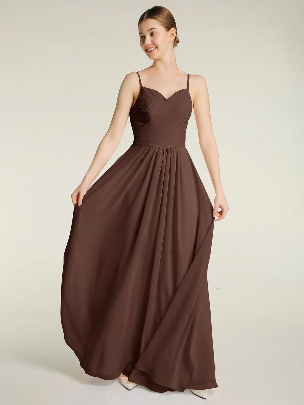 Cross Pleated Bodice Spaghetti Strap Dresses Chocolate