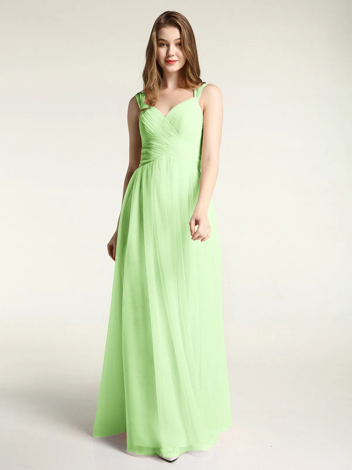 Cross-Pleated Tulle Long Dresses with Beaded Straps Sage