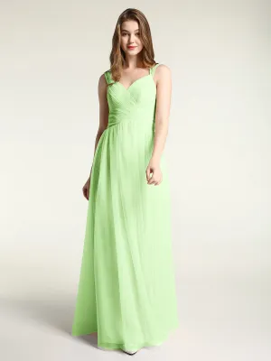 Cross-Pleated Tulle Long Dresses with Beaded Straps Sage