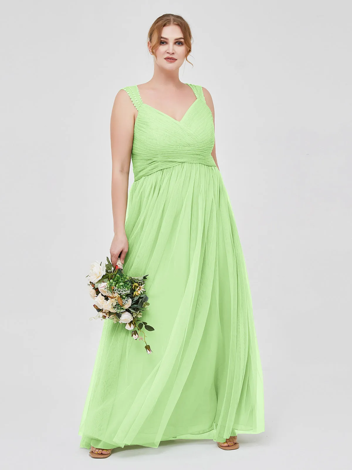 Cross-Pleated Tulle Long Dresses with Beaded Straps Sage