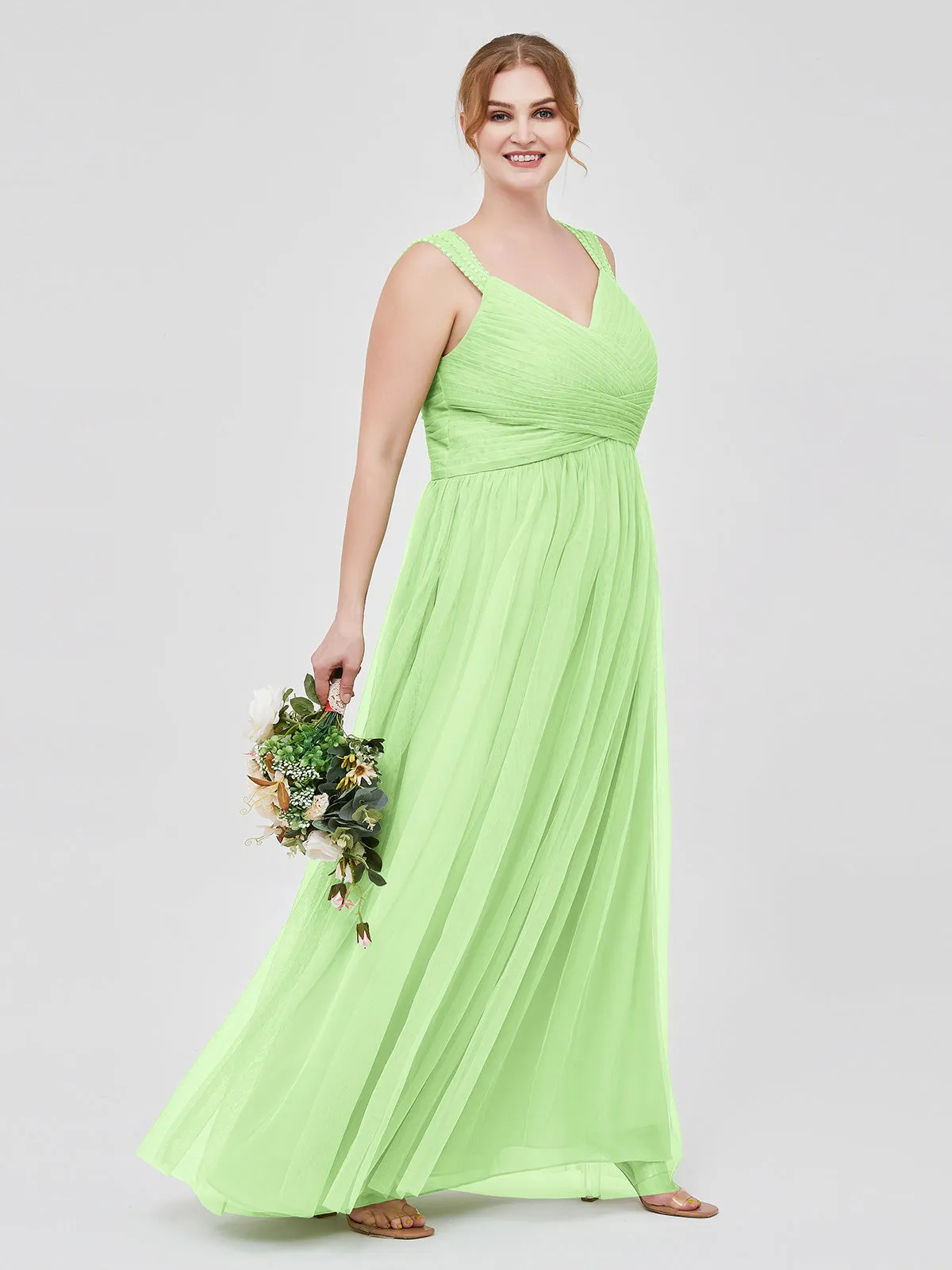 Cross-Pleated Tulle Long Dresses with Beaded Straps Sage