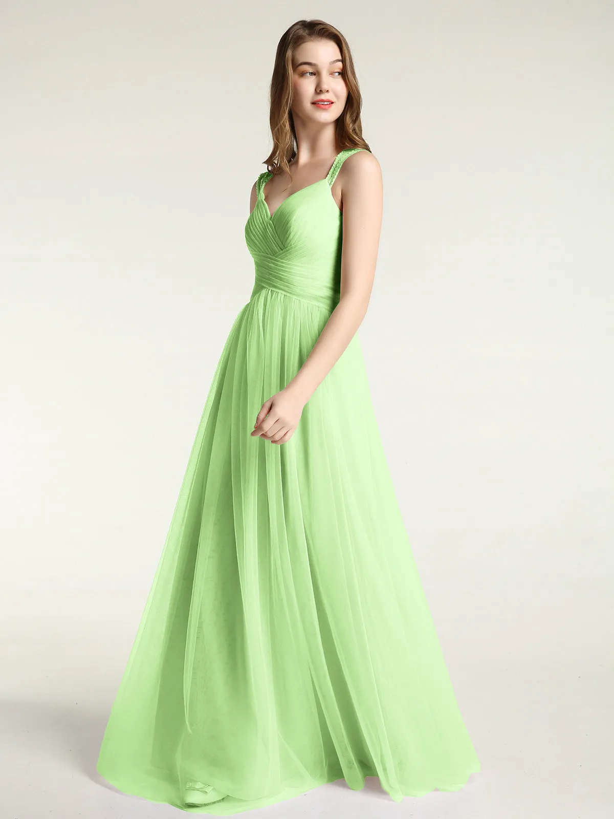 Cross-Pleated Tulle Long Dresses with Beaded Straps Sage