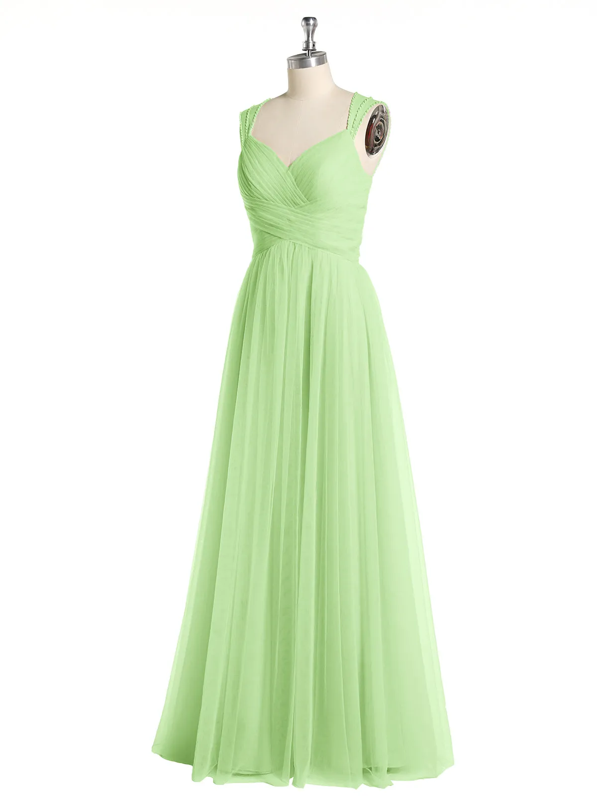 Cross-Pleated Tulle Long Dresses with Beaded Straps Sage