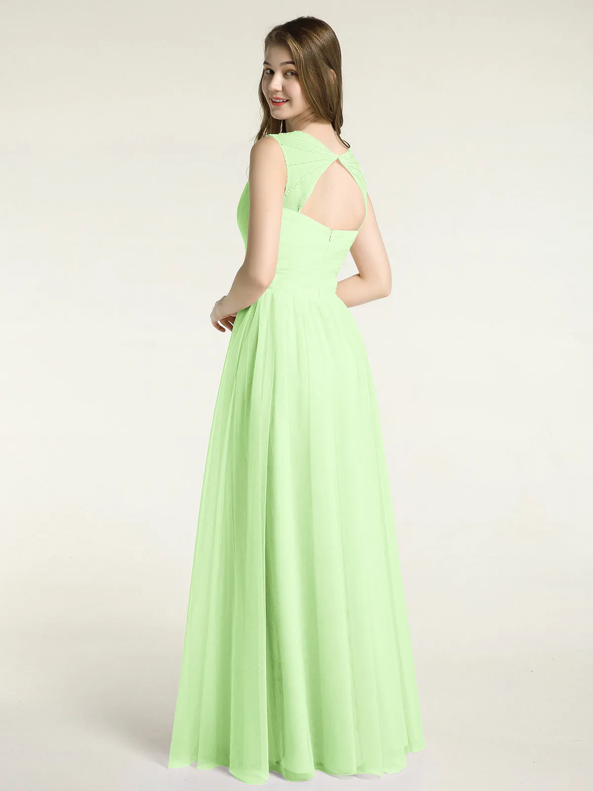 Cross-Pleated Tulle Long Dresses with Beaded Straps Sage