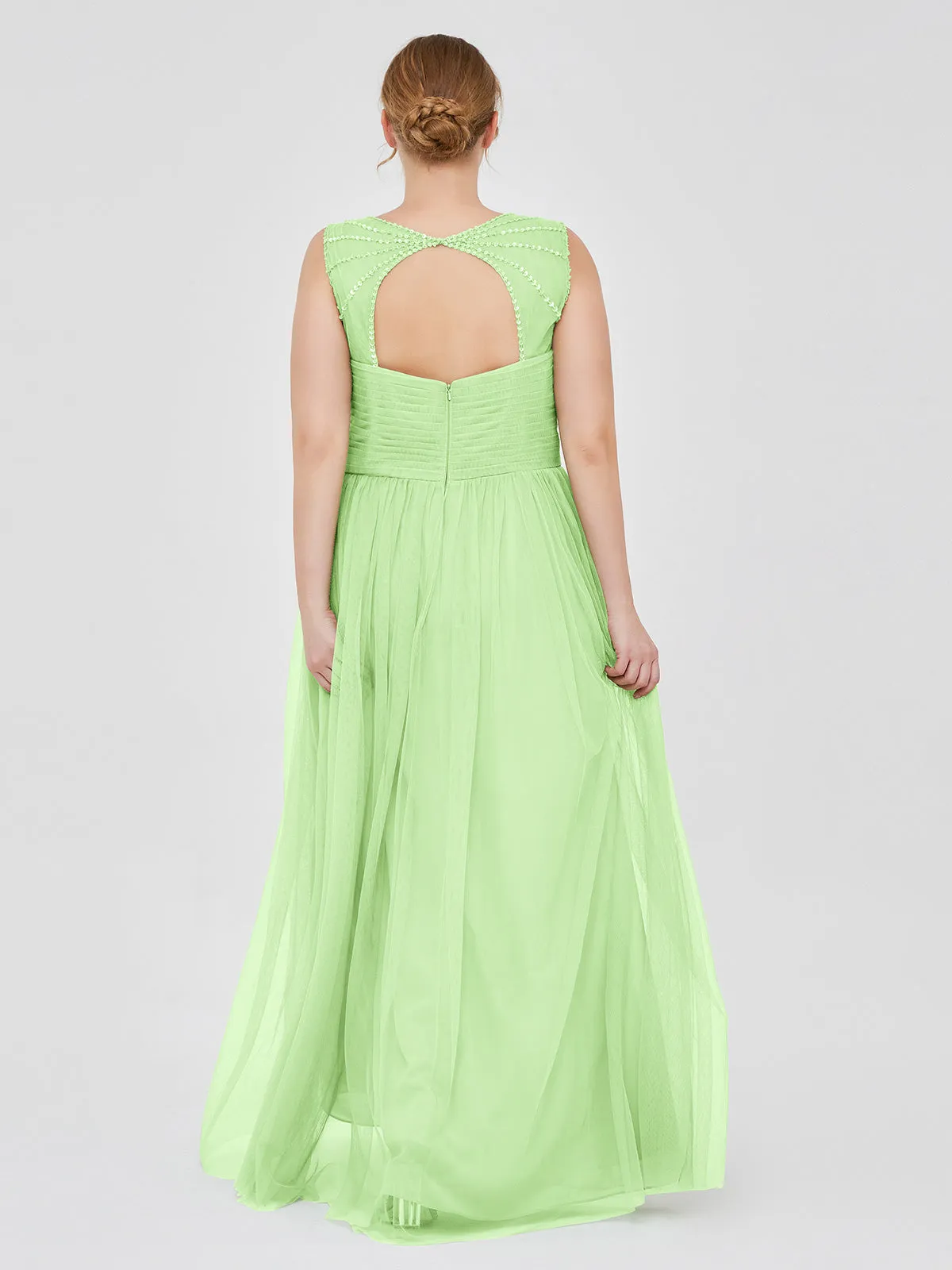 Cross-Pleated Tulle Long Dresses with Beaded Straps Sage