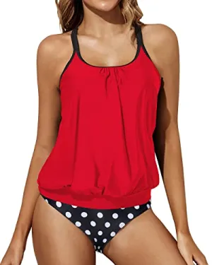 Curve-Hugging Scoop Neck Tankini Swimsuit For Women-Red Dot