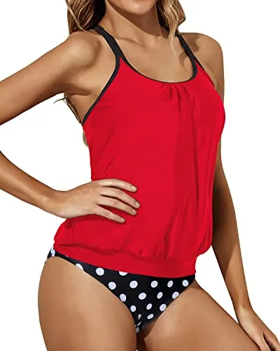 Curve-Hugging Scoop Neck Tankini Swimsuit For Women-Red Dot