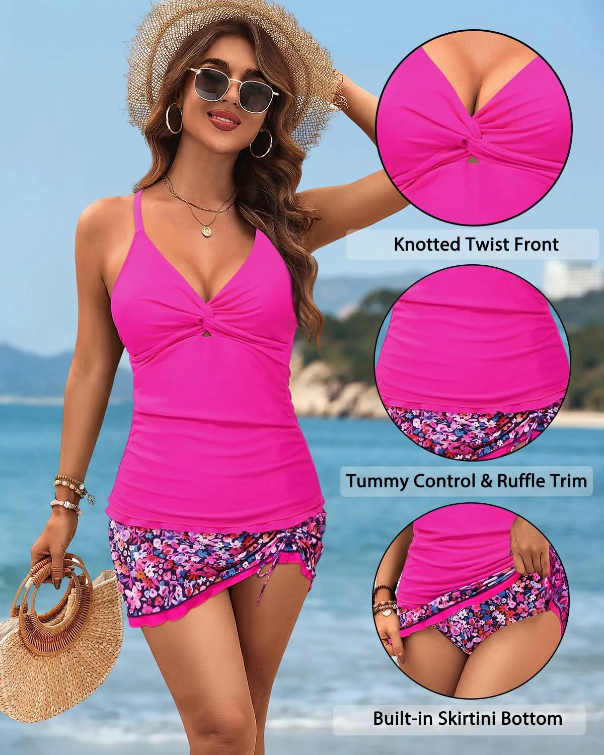 Daci Womens Tankini Swimsuits with Skirt - 2 Piece Tummy Control Bathing Suits Knot Twist Tankini Sets 2025