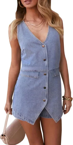 Denim Jumpsuit for Women High Waist Sleeveless V-Neck Button False Two Piece Vest Short Rompers