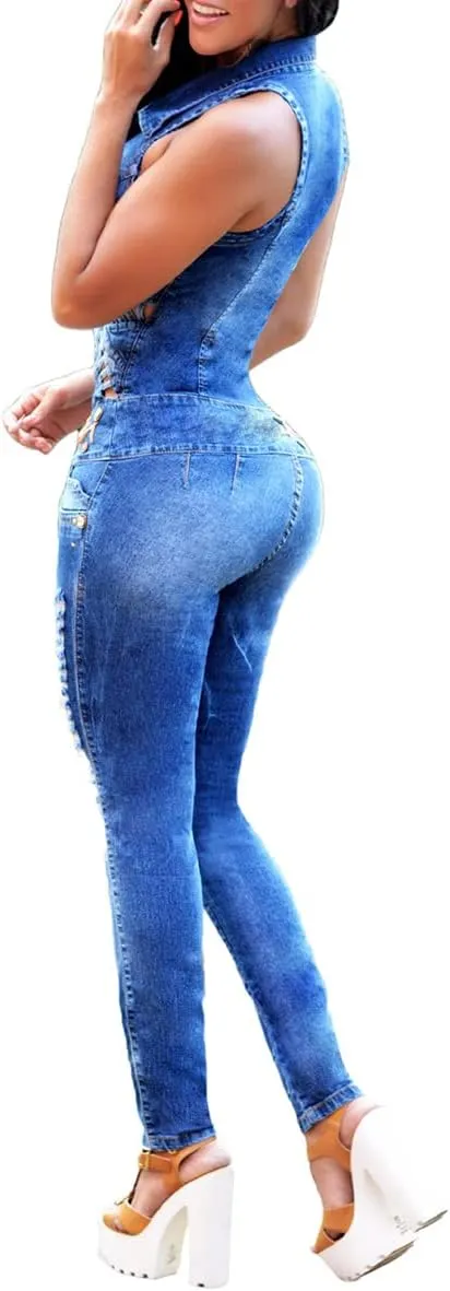 Denim Jumpsuit for Women Sexy Slim Jumpsuit Ripped Hollow One-Piece Denim Trousers