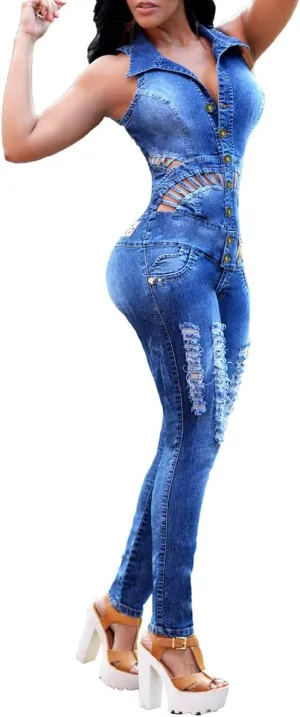 Denim Jumpsuit for Women Sexy Slim Jumpsuit Ripped Hollow One-Piece Denim Trousers