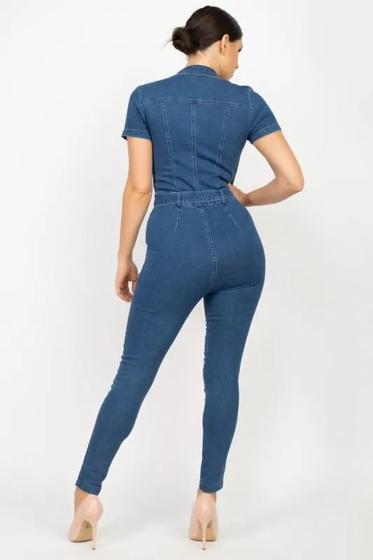 Denim Jumpsuit With Collar