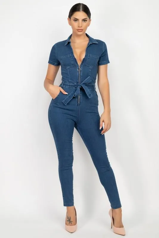 Denim Jumpsuit With Collar