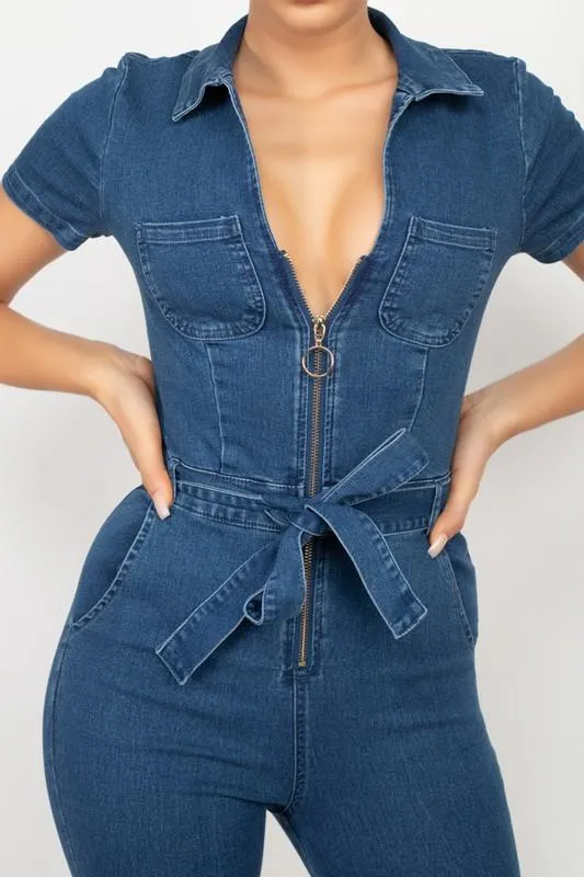 Denim Jumpsuit With Collar