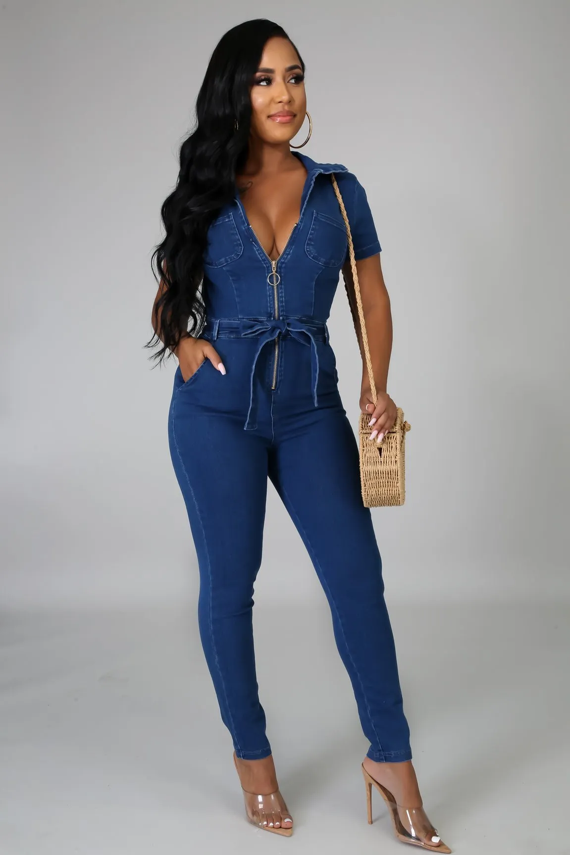 Denim Jumpsuit With Collar