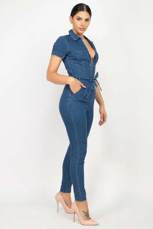 Denim Jumpsuit With Collar