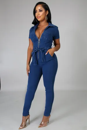 Denim Jumpsuit With Collar