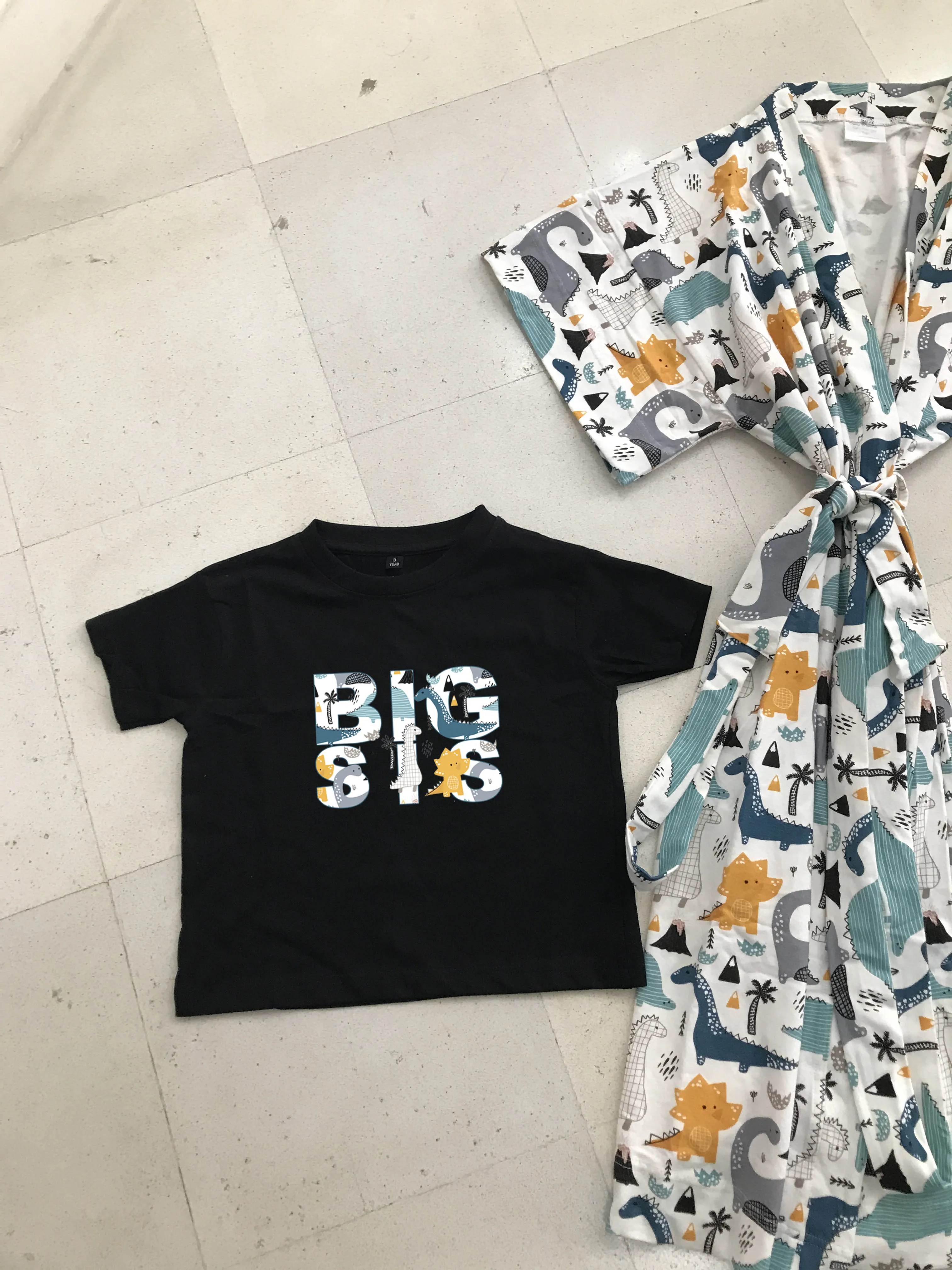 Dino-Themed Matching Maternity Family Outfit Set  Robe, Swaddle, Hat, Dad Tee & Big Sibling Shirt