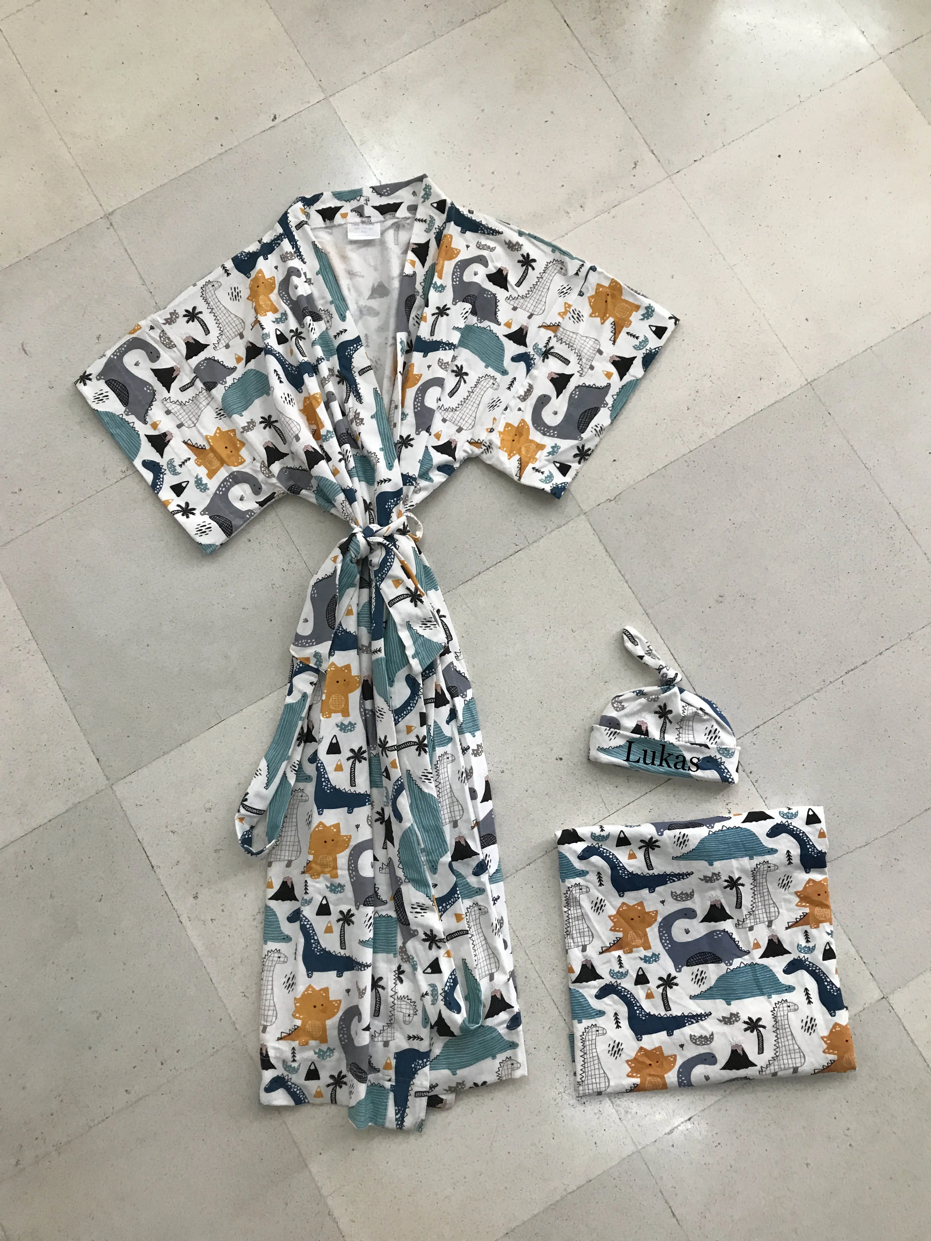 Dino-Themed Matching Maternity Family Outfit Set  Robe, Swaddle, Hat, Dad Tee & Big Sibling Shirt