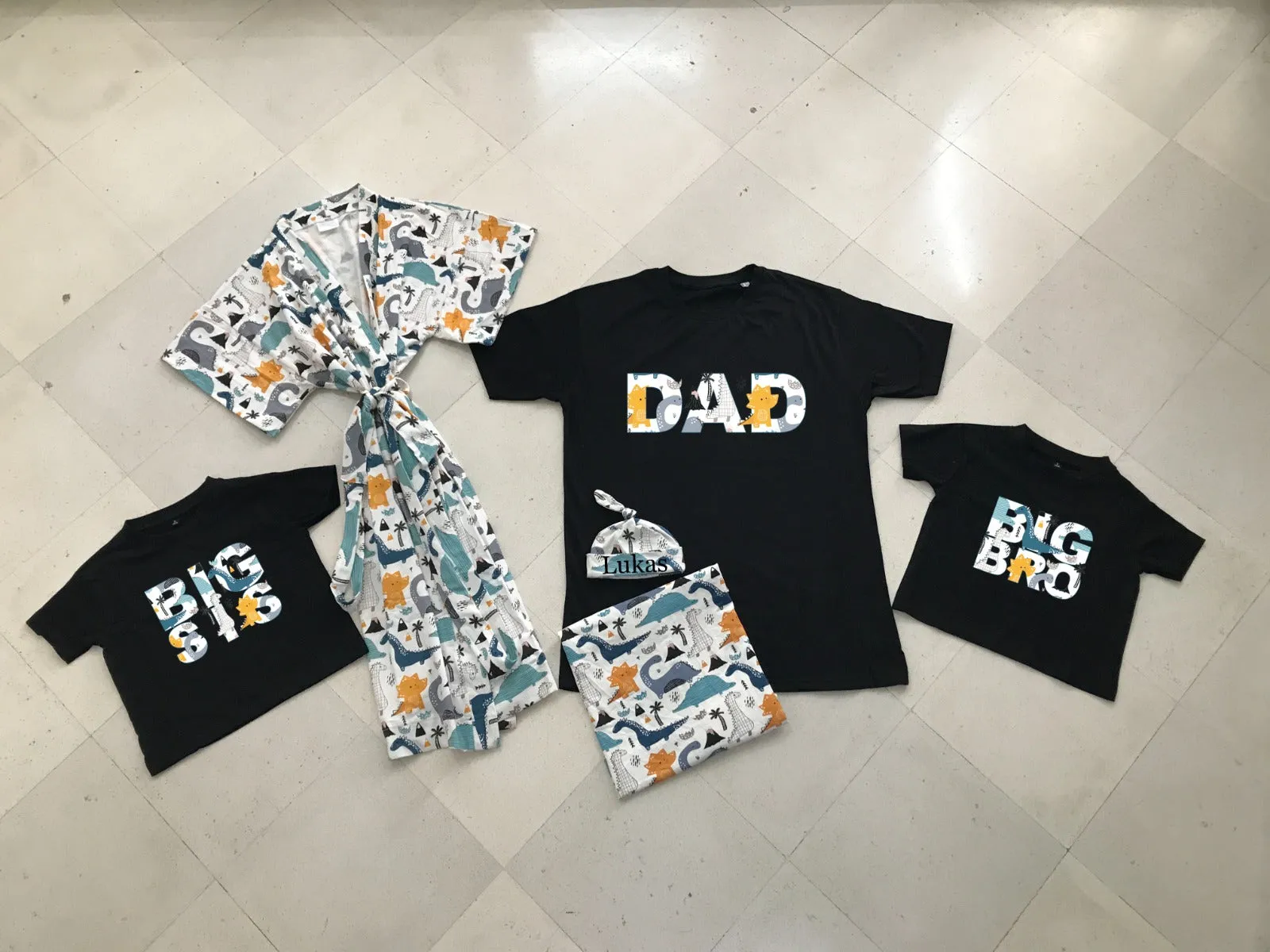 Dino-Themed Matching Maternity Family Outfit Set  Robe, Swaddle, Hat, Dad Tee & Big Sibling Shirt