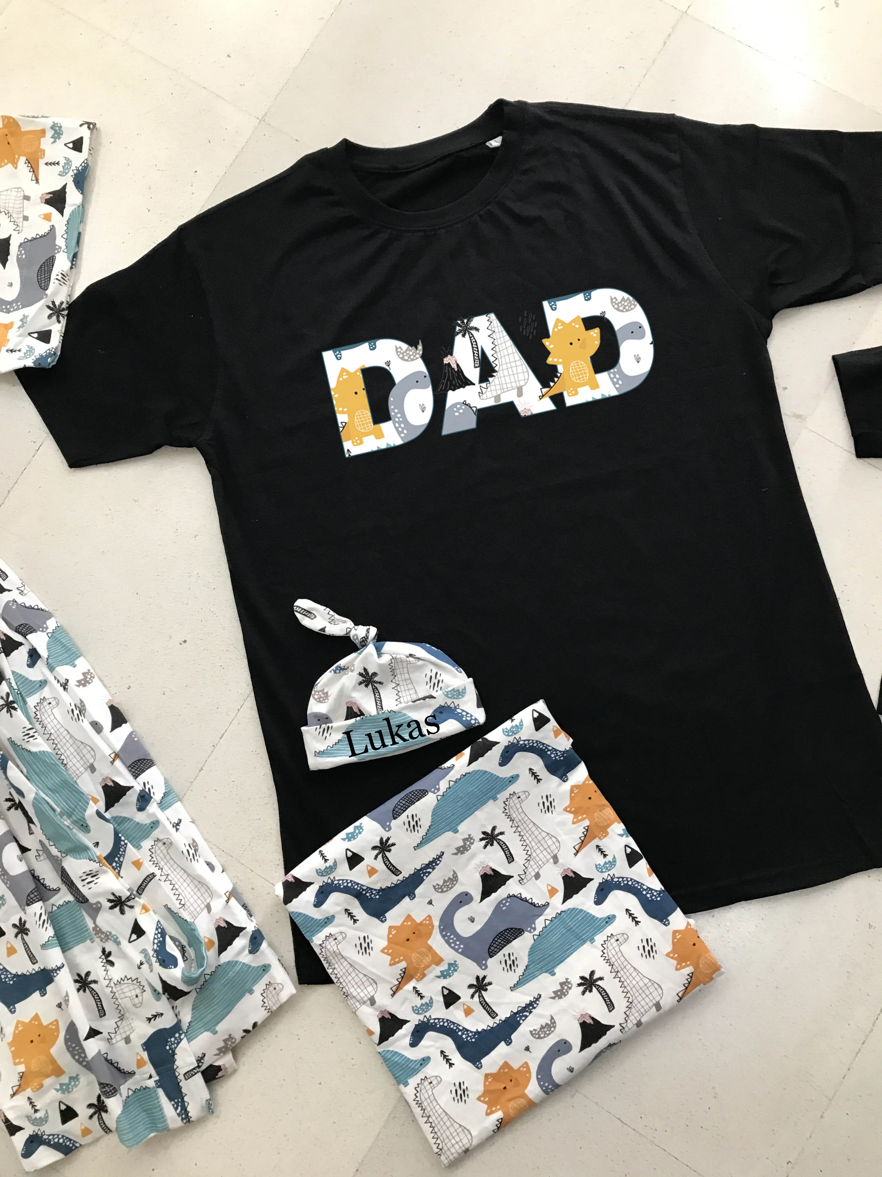 Dino-Themed Matching Maternity Family Outfit Set  Robe, Swaddle, Hat, Dad Tee & Big Sibling Shirt