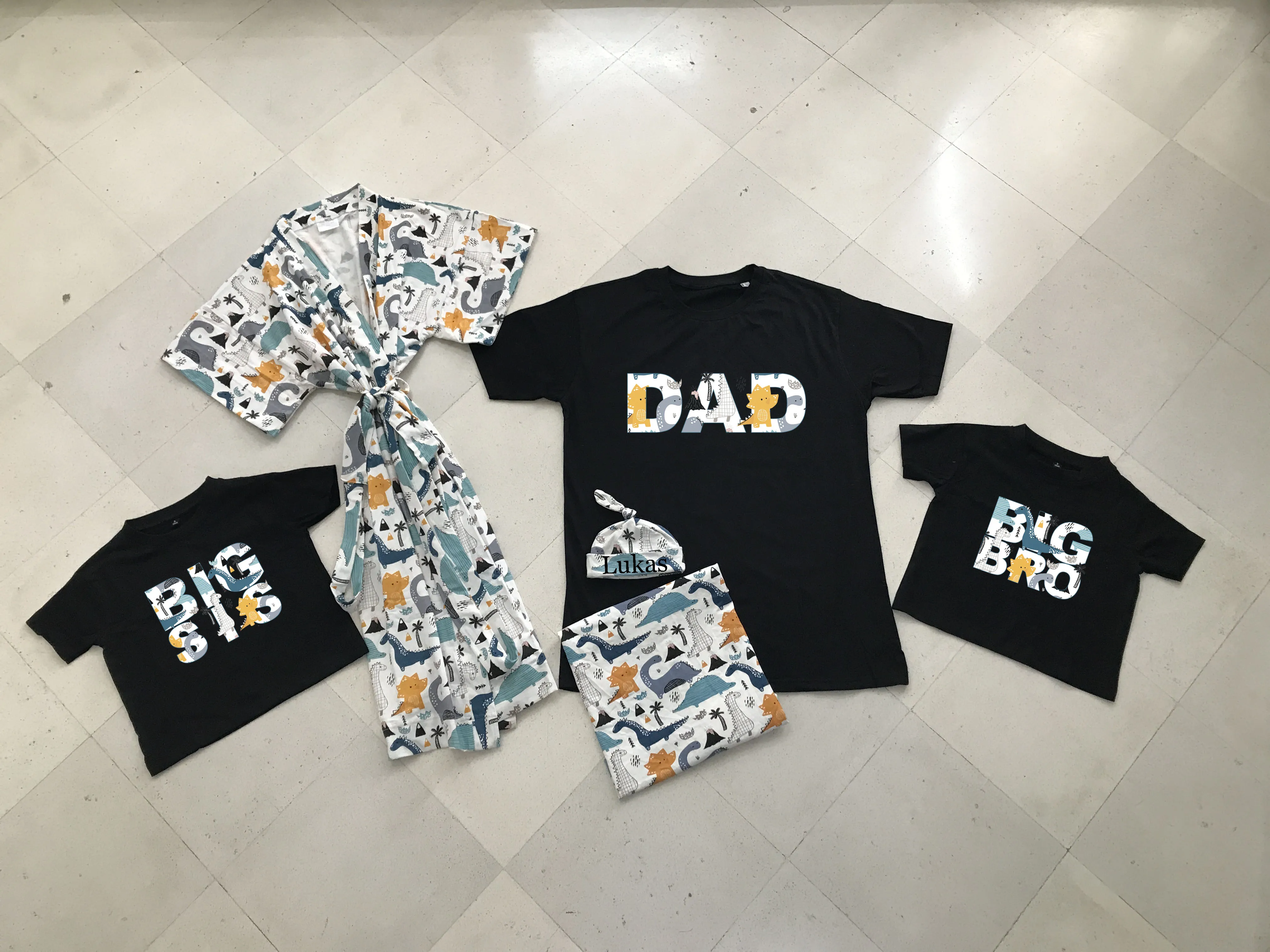 Dino-Themed Matching Maternity Family Outfit Set  Robe, Swaddle, Hat, Dad Tee & Big Sibling Shirt