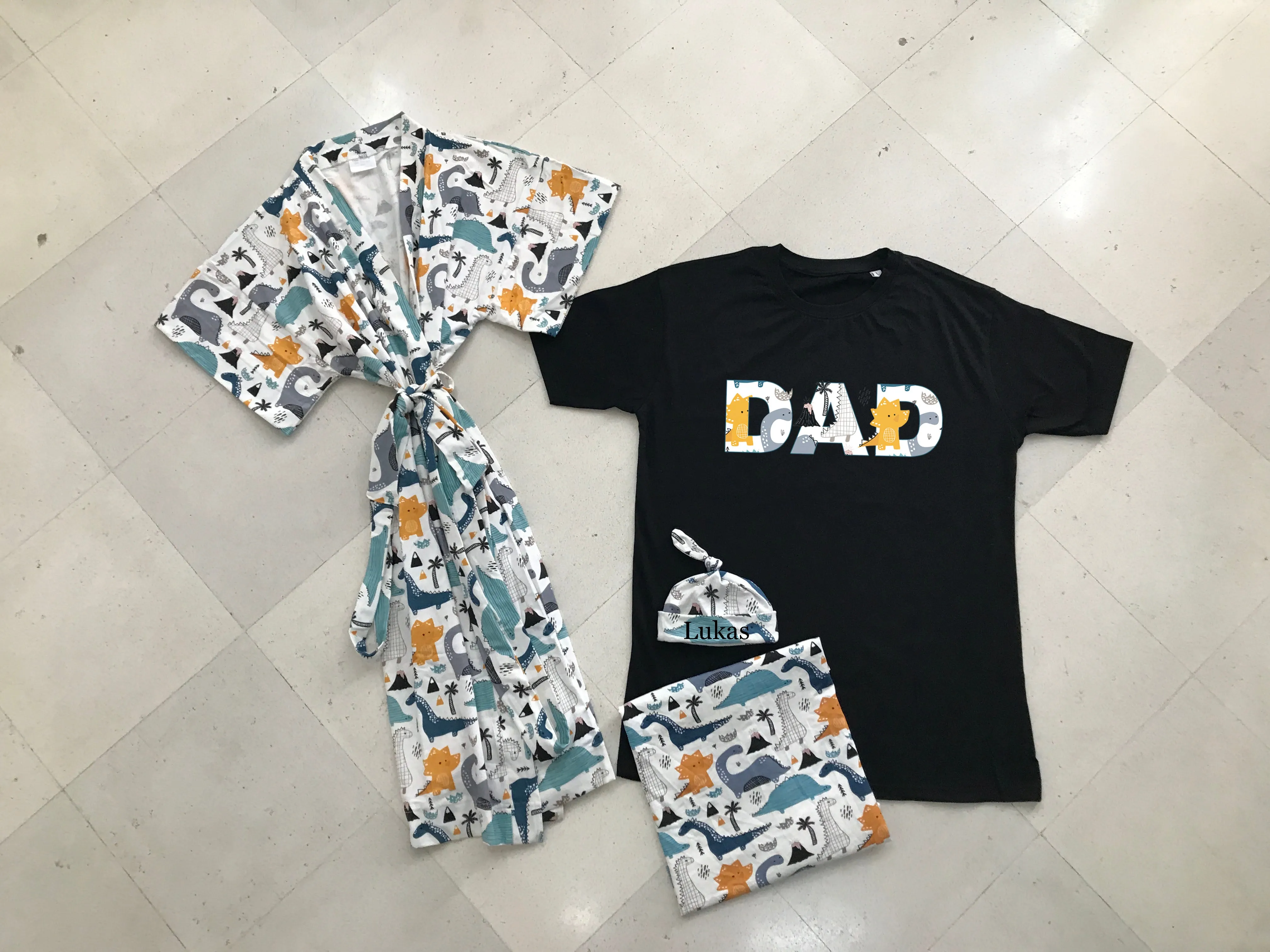 Dino-Themed Matching Maternity Family Outfit Set  Robe, Swaddle, Hat, Dad Tee & Big Sibling Shirt