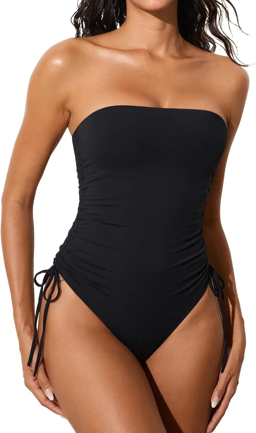 DOBREVA Women's One Piece Swimsuit Strapless Bandeau Bathing Suits Tummy Control Ruched Lined Slimming Halter Swimwear