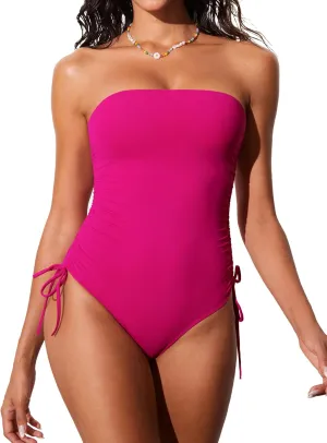 DOBREVA Women's One Piece Swimsuit Strapless Bandeau Bathing Suits Tummy Control Ruched Lined Slimming Halter Swimwear