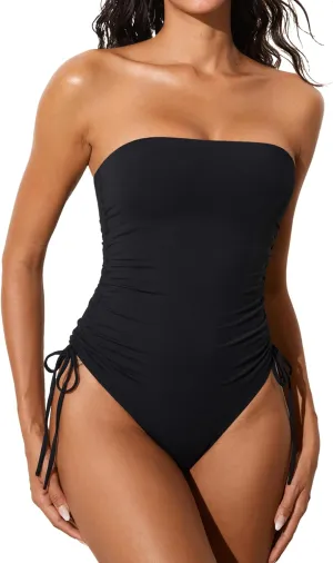 DOBREVA Women's One Piece Swimsuit Strapless Bandeau Bathing Suits Tummy Control Ruched Lined Slimming Halter Swimwear