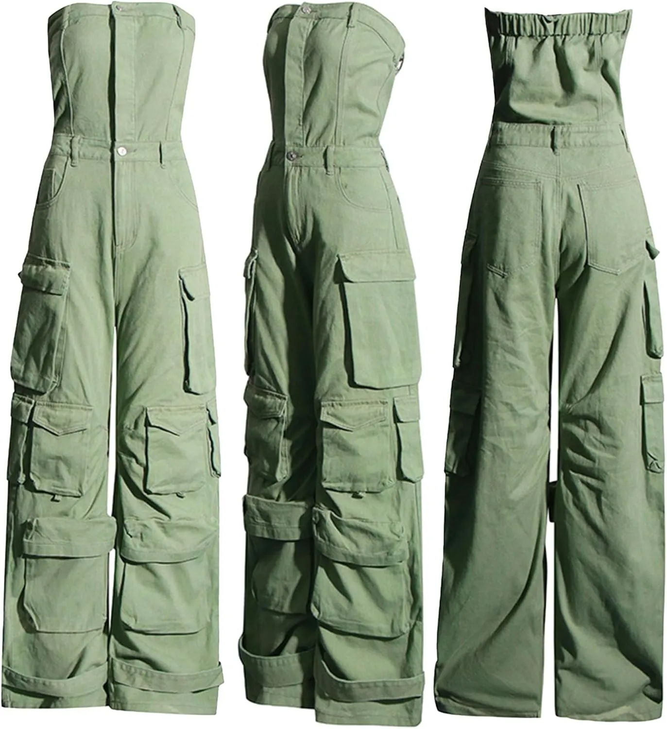 Ecirod Women Denim Strapless Jumpsuit Sexy High Waisted Cargo Pants Tube Top One Piece Jean Romper