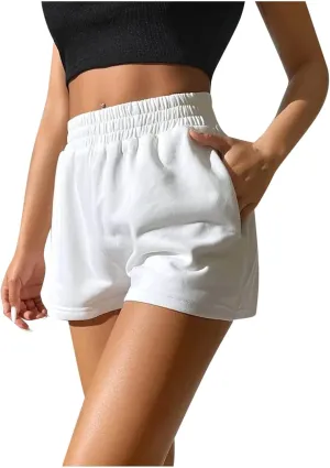 Elastic Waist Sports Shorts Women High Waisted Workout Shorts Wide Leg Sweat Shorts Loose Gym Shorts with Pockets