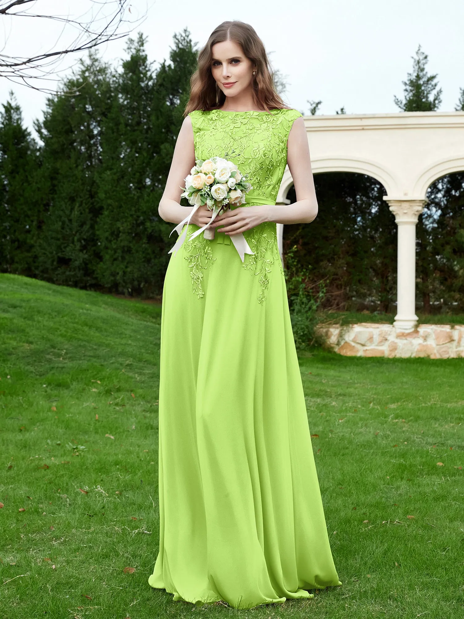 Elegant Illusion Lace Appliqued Dress With Buttons Lime Green Plus Size