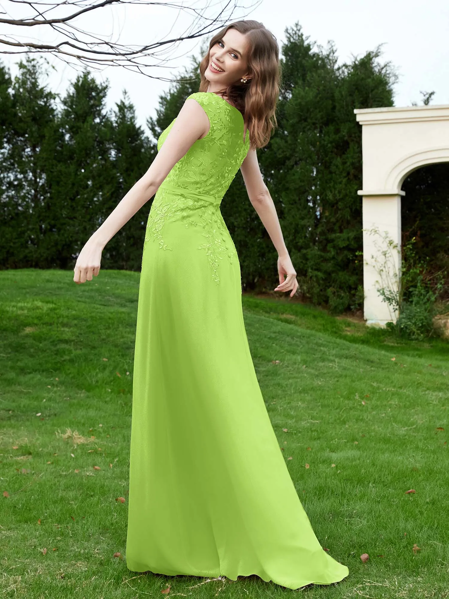 Elegant Illusion Lace Appliqued Dress With Buttons Lime Green Plus Size