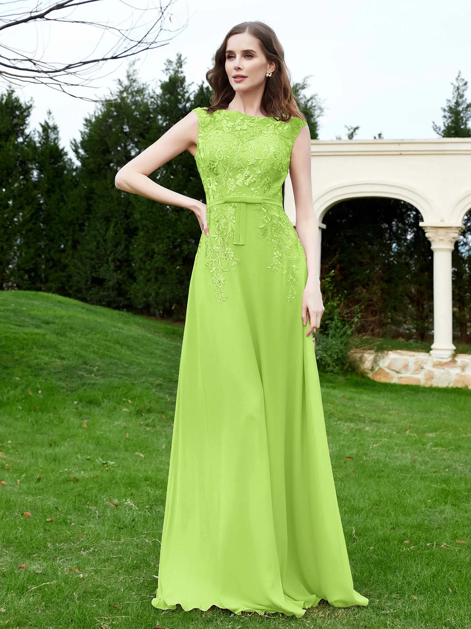 Elegant Illusion Lace Appliqued Dress With Buttons Lime Green Plus Size