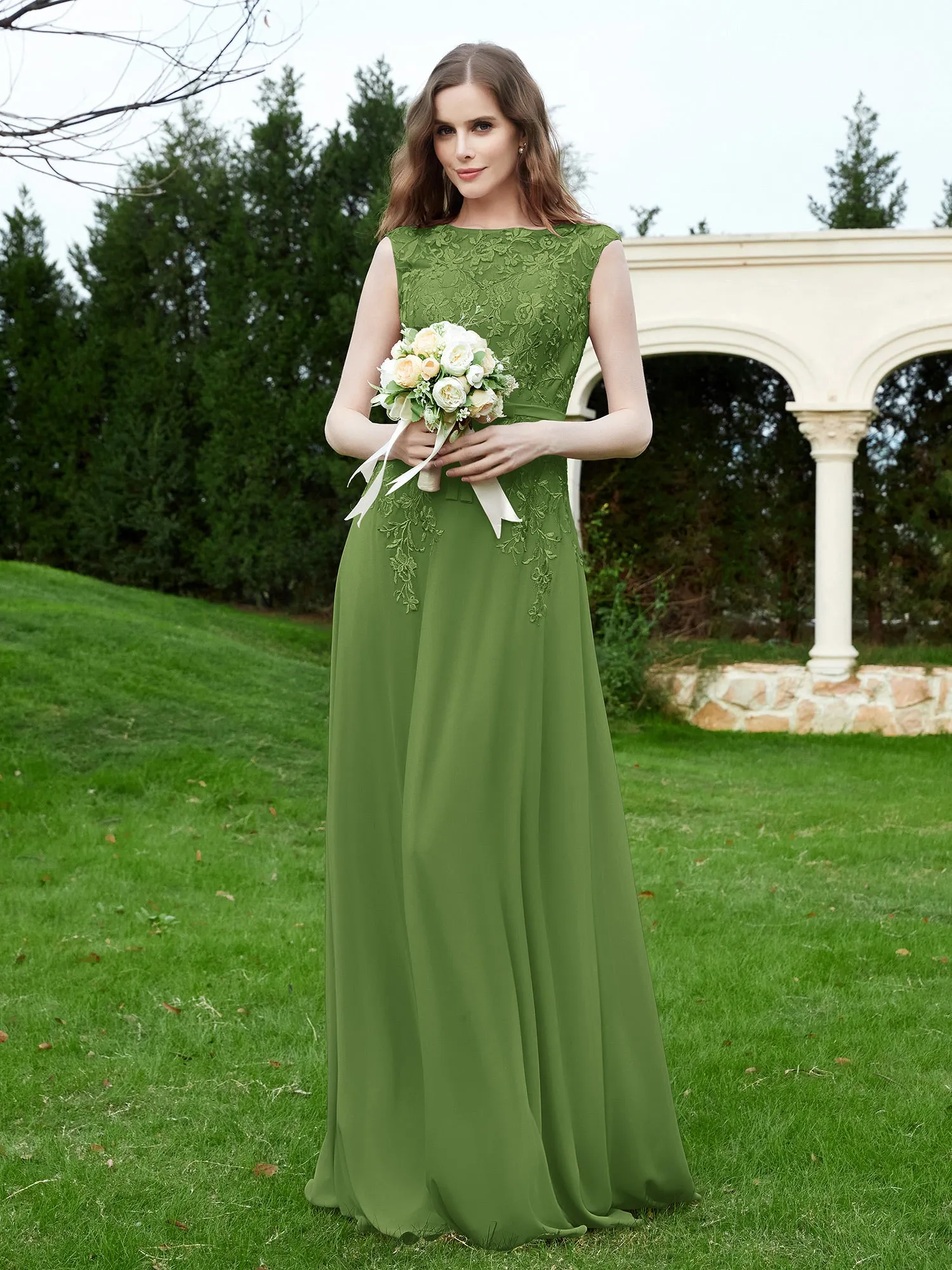 Elegant Illusion Lace Appliqued Dress With Buttons Moss