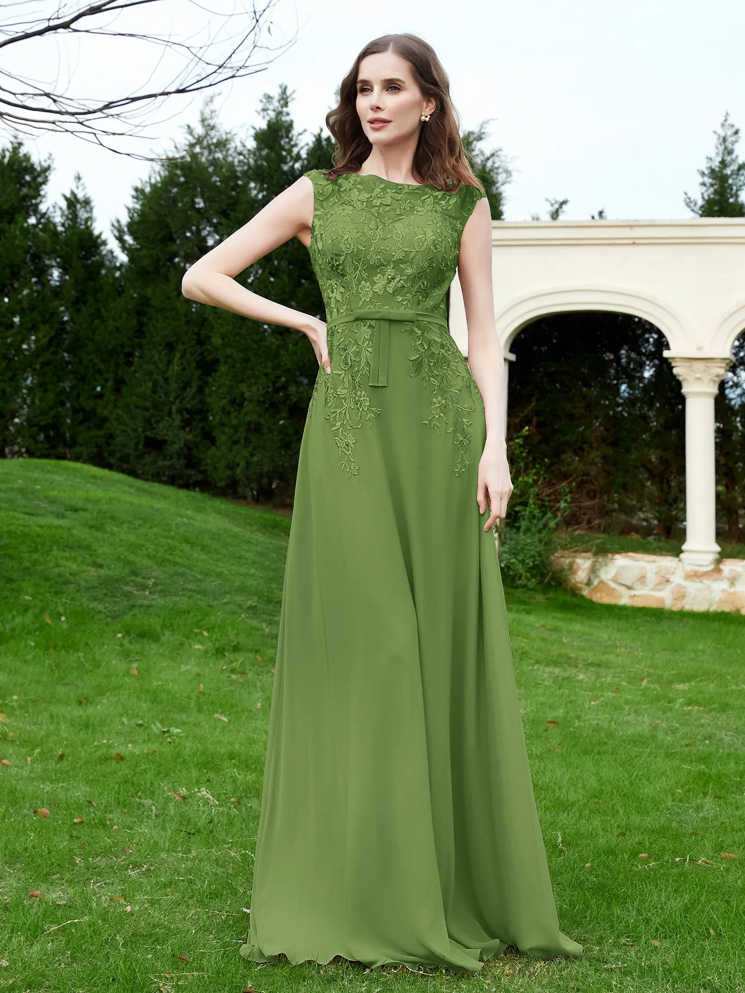 Elegant Illusion Lace Appliqued Dress With Buttons Moss