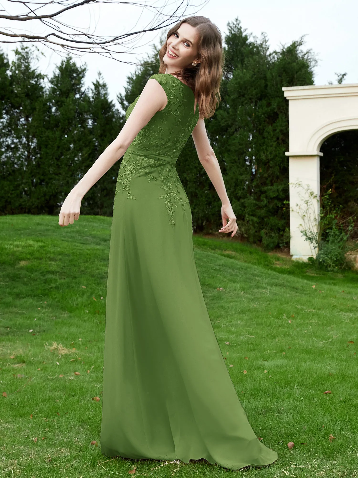 Elegant Illusion Lace Appliqued Dress With Buttons Moss