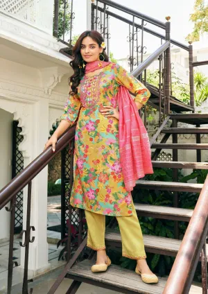 Elegant Mustard Yellow Color Straight Kurthi With Pant And Fancy Jacquard Dupatta For Women