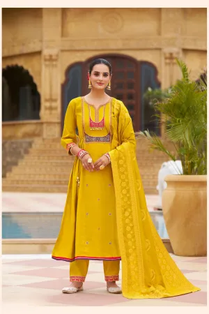 Elegant Yellow Color Roman Silk Salwar Suits With Sequice And Thread Work For Women