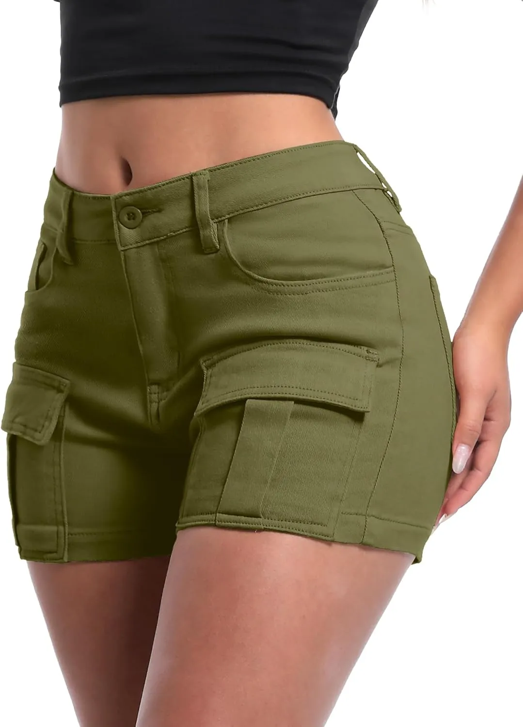 ELLEVEN High-Stretch Women's Cargo Jean Shorts, Trendy High-Waisted Cotton Denim Shorts with Pockets, Y2K Mini Denim Shorts