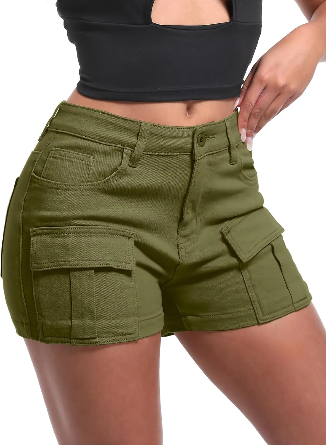 ELLEVEN High-Stretch Women's Cargo Jean Shorts, Trendy High-Waisted Cotton Denim Shorts with Pockets, Y2K Mini Denim Shorts