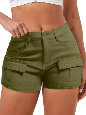ELLEVEN High-Stretch Women's Cargo Jean Shorts, Trendy High-Waisted Cotton Denim Shorts with Pockets, Y2K Mini Denim Shorts